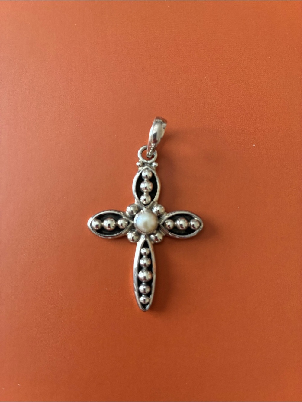 Sterling Silver Cross Pendant with Pearl Accent - White